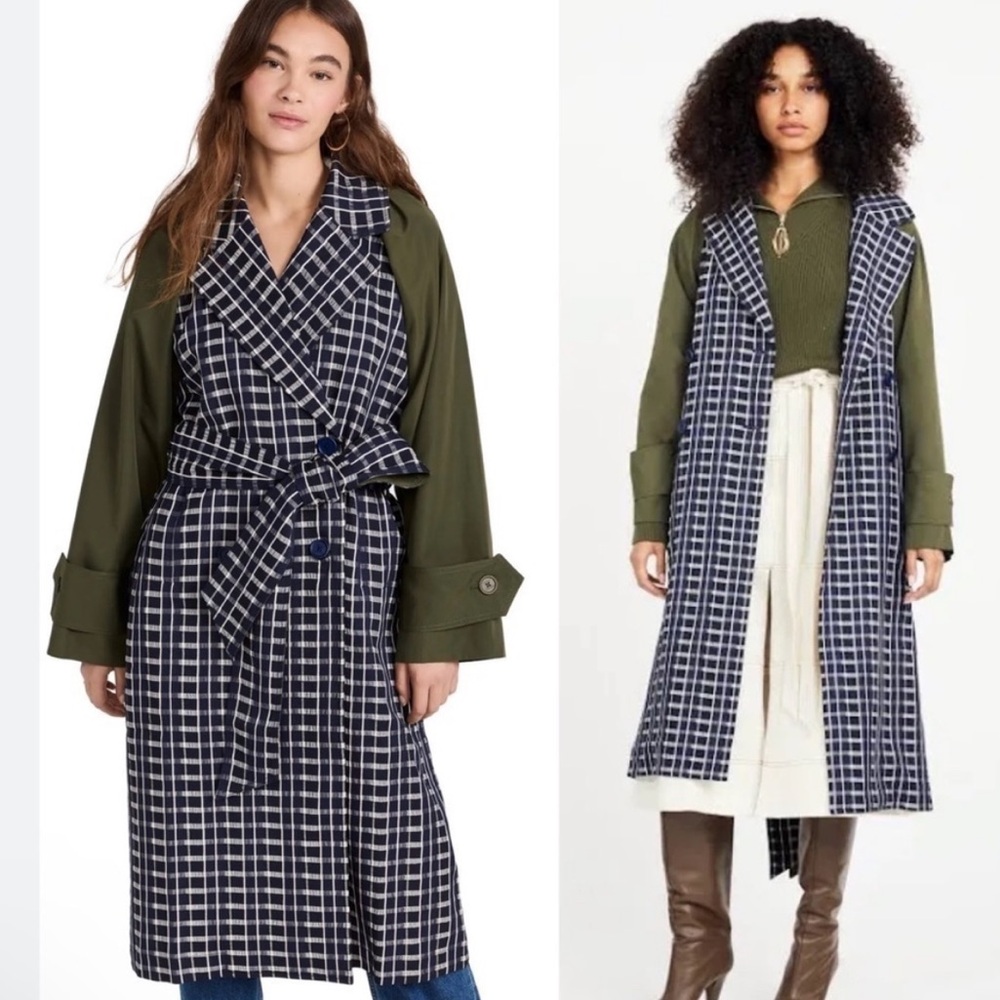 NWT Tanya Taylor Lotta Checkered Mixed Media Belt Tie Trench Coat size small